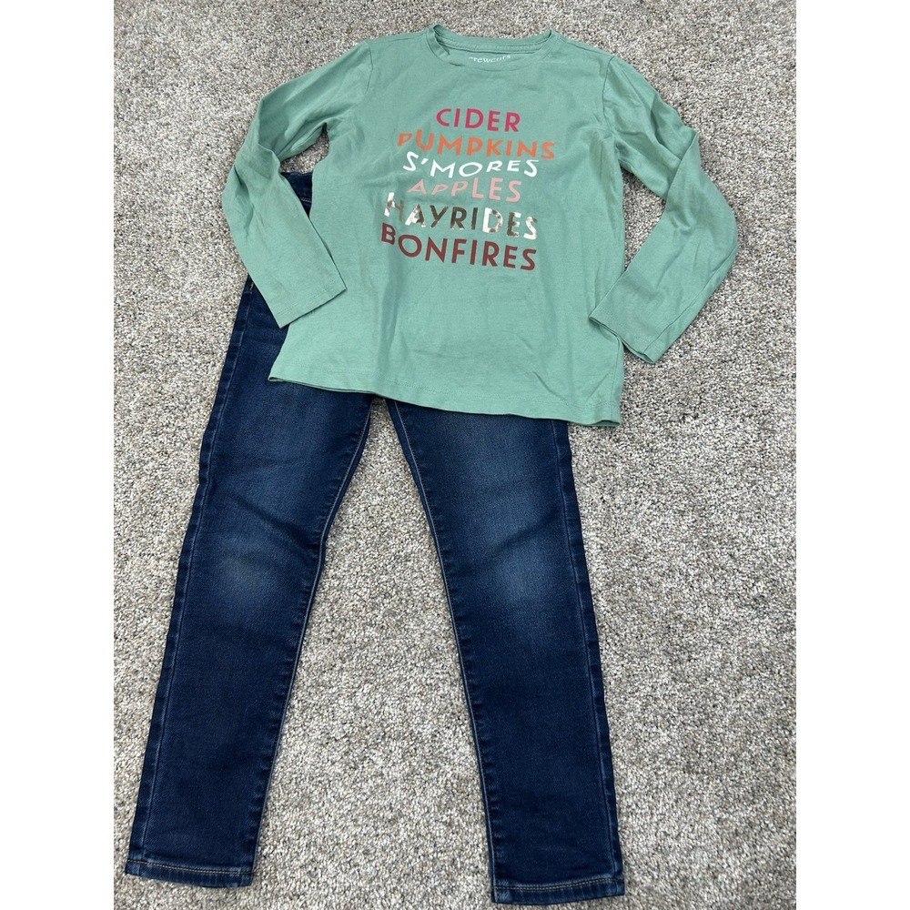 J Crew Crewcuts Girls Fall Green Long Sleeve Cotton Shirt 6/7 & Jeans Sz 7 #0332